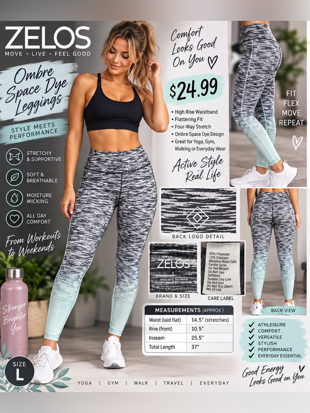 ZELOS Kids Ombre Space-Dye Leggings - Light Blue & Gray
